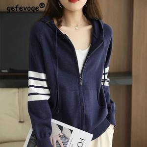 Femmes automne hiver Y2K Chic manteau ample décontracté tricoté sweats avec imprimé rayé couleur unie à capuche fermeture éclair haut - Product Image 6