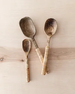 Handcrafted Mango <b>Wood</b> <b>Spoon</b> <b>Set</b> with Rattan Wrapped Handles Eco Friendly Kitchen Utensil Serving <b>Spoons</b> - Product Image 1