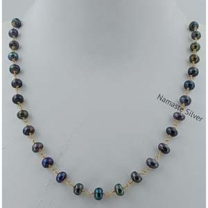 Collar de Perlas Negras de Agua Dulce Hechas a Mano con Plata de Ley, Collar de Perlas de Agua Dulce con Hilo de Cuentas de Una Sola Línea y Relleno de Oro - Product Image 1