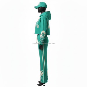 Ensemble de survêtement pour femme en molleton de coton mélangé de haute qualité 300 GSM, vert, avec sweat à capuche court et pantalon évasé, logo imprimé sur les panneaux, grandes tailles - Product Image 3