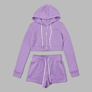 2024 oem logo personnalisé tricot printemps été sweat à capuche court et tenue courte 2 pièces ensemble jogging survêtements survêtement costume pour les femmes - Product Image 6