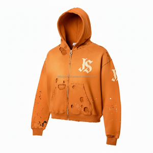 Sudadera con capucha y cremallera de lana pesada de gran tamaño 450 GSM tela desgastada logotipo personalizado bordado cálido chaqueta de invierno sudaderas básicas - Product Image 4