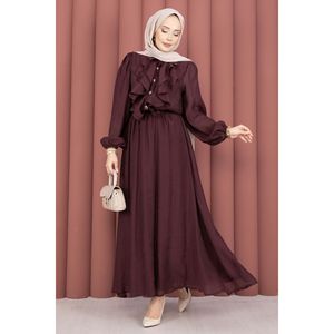 Conjunto de hiyab informal transpirable de manga larga color ciruela para mujer con detalle de volantes en la parte delantera, tela modal - Product Image 4