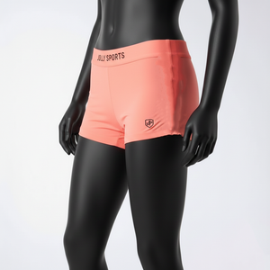 Shorts de mujer tipo booty, tela elástica de poliéster y spandex de primera calidad, color naranja coral, logotipo personalizado por transferencia térmica, shorts tipo booty para mujer. - Product Image 4