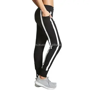 Celana Jogger kompresi desain terbaru wanita, CELANA JOGGER kurus putih sisi strip hitam olahraga untuk wanita