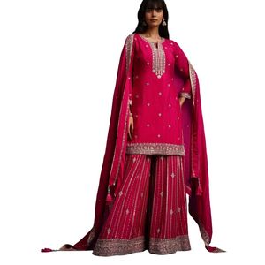 Ensemble de palazzo kurta à paillettes rose foncé en chinon vente en gros de vêtements ethniques OEM pour femmes fournisseur d'usine tenue de fête - Product Image 3