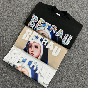 100% coton encolure étroite poids lourd personnalisé strass T-shirt pour hommes plaine Boxy goutte épaule imprimé coupe ample T-shirts - Product Image 4