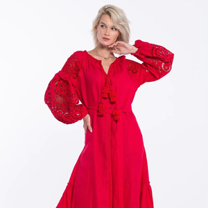 Vente en gros de robe longue bohème élégante et décontractée écologique Tissu tissé à manches longues en dentelle de lin/coton brodé rouge pour femmes - Product Image 1