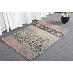 Alfombra de lana azul y beige bohemia de área grande, 2.5x3.6ft, diseño de retazos hecho a mano turco clásico, Alfombra de látex para habitación de pasillo - Product Image 4