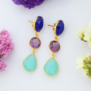 Haute qualité Aqua calcédoine multicolore pierre boucles d'oreilles goutte bleu Royal améthyste courte lunette faite à la main plaqué or pour les mariages - Product Image 2