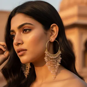 Boucles d'oreilles pendantes fines en perles ART PALACE, plaquées or avec des gouttes de pierres précieuses roses pour femmes, en provenance du Rajasthan - Product Image 1
