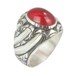 925 Sterling Silver Handcrafted Men's <b>Adjustable</b> <b>Ring</b> with Red Pressed Amber Stone and Pen Design Bezel Setting Inlay Gift - Product Image 1