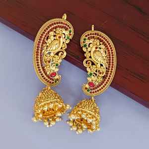 Indian <b>Earring</b> Jewellery Faux Pearl Floral Crystal Kundan <b>Bridal</b> Wedding Peacock Ear Cuff Jhumka <b>Earrings</b> Set, Multi Color - Product Image 2