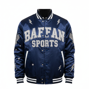 Veste universitaire en satin premium, tissu lisse et brillant, couleur marine, panneaux côtelés, logo brodé en chenille personnalisé, veste pour homme - Product Image 6