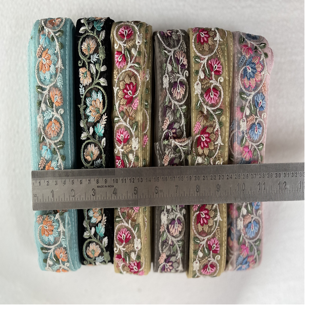Custom made in flower bale designed embroidered laces in six colour option on net fabric in 1 inch width for garments and resale