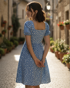 Vestido Midi Azul con Estampado Floral para Mujer, Cuello Cuadrado, Manga Abullonada, Corte en A, Informal, de Verano, de Algodón, OEM, ODM - Product Image 2