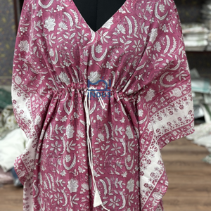 Beau caftan en coton rose foncé pour un usage quotidien idéal pour l'été caftan d'été décontracté imprimé à la main en coton - Product Image 5