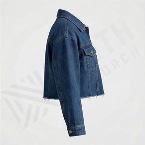 Veste en jean courte délavée pour femmes, coupe ajustée, veste en jean surdimensionnée, manches longues, style vintage, tendance, couleur personnalisée - Product Image 3