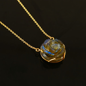 Collar con colgante de labradorita tallada con flor de Plata de Ley 925 chapado en rodio hecho a mano sin níquel - Product Image 6
