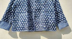 Organic Block Printed Indian Cotton Quilted <b>Kimono</b> Jacket for <b>Women</b> Reversible Blue Warm Breathable Fabric Short Length Winter - Product Image 2