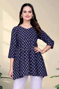 Ropa étnica india lista para usar Kurtis cortos de algodón puro y Top para uso diario informal cuello en V hermosos Kurtis con estampado de bloque - Product Image 4