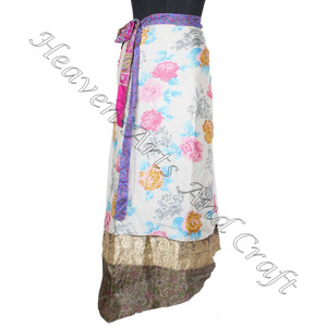 Acheter en ligne Jupe portefeuille en soie indienne 2 couches réversible Magic Silk Saris Wrap Long Skirt Silk Pareo Sarong Beach Long Wrap Around - Product Image 5