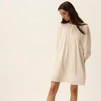 Robe Courte Blanche Unie Style Bohème en Coton à Col Rond avec Broderie Machine Manches Courtes Écologique Lavable Respirante