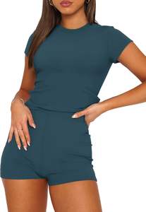 Ensemble d'entraînement 2 pièces côtelées sans couture pour femmes haut court à manches courtes Short de yoga taille haute en coton pour la salle de sport de tous les jours - Product Image 2