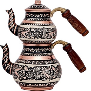 Metallic Round Shaped Tray With 6 <b>Cup</b> <b>Set</b> Metal Turkish Coffee Tea Pot for Home Dining Table Decorative Tea Serving Pot - Product Image 2