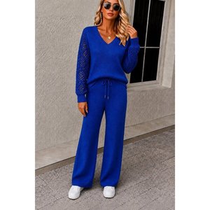 ชุดเสื้อแขนยาวคอวีและกางเกงขายาวแบบสองชิ้น, 38064 - สีน้ำเงิน - Product Image 2
