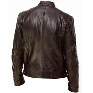 Veste en cuir pour homme, style pilote de moto, décontractée, en cuir véritable, à capuche, style vintage, col montant, logo sur le devant, mode automne - Product Image 5