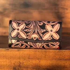 Portefeuille en cuir taillé à la main pour femmes en cuir véritable Vintage Long portefeuille Western Floral carte de crédit téléphone portefeuilles pochette en peau de vache - Product Image 2