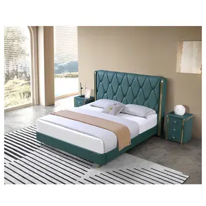 OEM ODM Set kamar tidur mewah kustom Modern bingkai kayu hijau kulit Raja ukuran ganda tempat tidur untuk kamar tidur