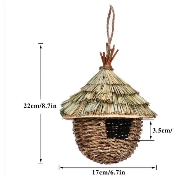 天然草織り鳥の巣屋外暖かいペット用品装飾涙形の草の巣箱