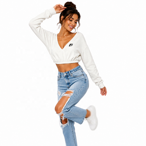 Sweat-shirt court à col en V pour femme, manches longues, ourlet élastique, coupe décontractée, pull décontracté en molleton doux, style streetwear, haut à capuche - Product Image 2