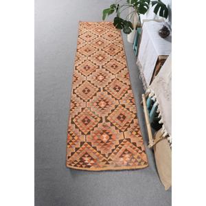 พรมวินเทจขนาด 2.5x9 ฟุต, พรมคิลิม, พรมลายตารางสีส้มทำจากขนสัตว์ - Product Image 1