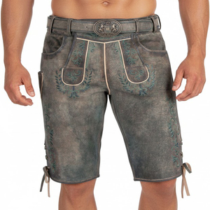 New <b>Men's</b> Bavarian Antique-Look Goat Suede <b>Leather</b> <b>Shorts</b> Mid Breathable Plaid Pattern Wildbock Style Button Fly Unisex All - Product Image 3