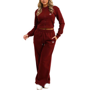 <b>Women</b> Cotton <b>Fleece</b> Cropped Zip Jacket and Wide Leg <b>Jogger</b> Set Breathable Lounge Tracksuit for Bulk Apparel Sourcing - Product Image 2