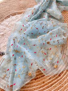 ส่าหรีผ้าไหมออร์แกนซ่าดีไซน์เนอร์ที่มีการปักที่สวยงามและขอบการทำงานสำหรับงานแต่งงานหรือปาร์ตี้สวมใส่สไตล์ปากีสถาน - Product Image 3