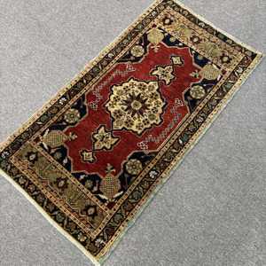 Turkish Rug, Small 1.7x3.2 ft Vintage Rug, <b>Red</b> Blue Plants & trees <b>Wool</b> Rug - Product Image 2