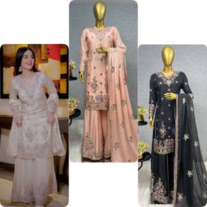 Conjunto Sharara Estilo Bollywood de Antra Lifestyle, Nuevo, para Fiestas, Elegante, con Bordado Pesado, Lentejuelas de 5mm, Top, Dupatta y Sharara Puro - Product Image 3