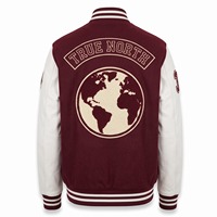 Veste universitaire en chenille bordeaux et blanc avec patch globe en chenille, manches en cuir véritable, personnalisable, OEM