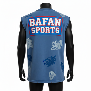 เสื้อยืดผู้ชายผ้าฝ้าย 100% ทรงหลวม พิมพ์ลาย พรีเมียม คุณภาพดี ผ้าคอตตอนผสมโพลีเอสเตอร์ สีน้ำเงิน แบบสปอร์ต แขนกุด ปักโลโก้ - Product Image 2