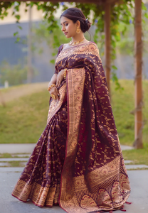 Trisha Mukherjee In Our Dark <b>Maroon</b> Banarasi Jaal Katan Silk <b>Saree</b> Featuring Intricate Zari Weaving Perfect For Weddings - Product Image 3