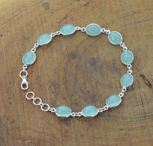 <b>Top</b> Quality Genuine 925 Sterling Silver Shinning Aqua Chalcedony Oval Cabochon 8x10mm Gemstone Bezel Setting Link <b>Chain</b> Bracelet - Product Image 4