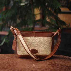Eco-Friendly <b>Handmade</b> Sling <b>Bag</b> with <b>Leather</b> and Traditional Weave Elegant Natural Crossbody from Djoen <b>Handmade</b> From Indonesia - Product Image 2