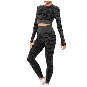 เลกกิ้งออกกำลังกาย2ชิ้นเอวสูงไร้รอยต่อสำหรับผู้หญิงชุดออกกำลังกายแบบลำลองระบายอากาศได้พร้อมเสื้อครอปแขนยาว - Product Image 6