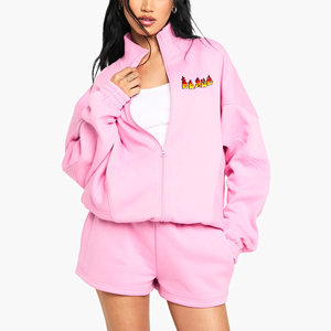 100% coton lourd dames Twin Set confortable surdimensionné fermeture éclair sweat court personnalisé sérigraphié Logo dentelle décoration - Product Image 6