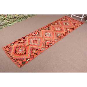 Turkish 3x9.7 ft <b>Rug</b>, <b>Runner</b> Vintage <b>Rug</b>, Orange Brown Ikat Wool <b>Rug</b> - Product Image 2
