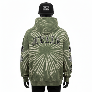 High Quality 320GSM <b>Men</b> <b>Tie</b> Dye Hoodie Fashionable Olive <b>Green</b> Cotton Fleece Sleeve Patches Custom Embroidery Logo Basics Hoodie - Product Image 3